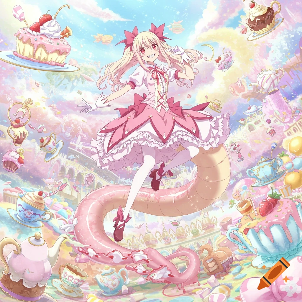 Anime girl with a pink caterpillar body and dress dances in a pastel, fantastical candy land with giant cakes and teacups.
