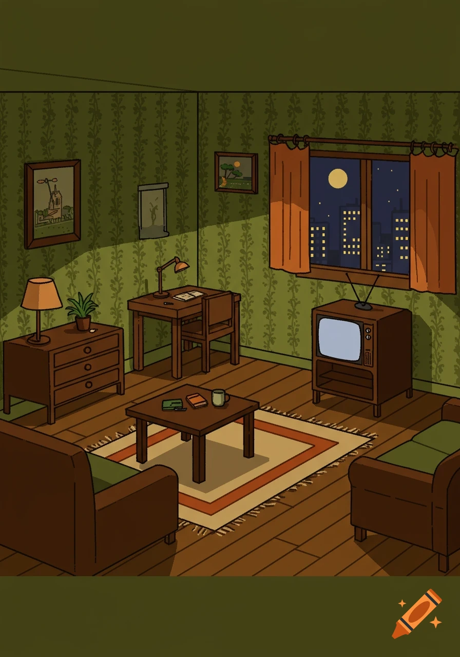 A stylized cartoon living room at night with patterned wallpaper, vintage furniture, and city lights visible through a window.