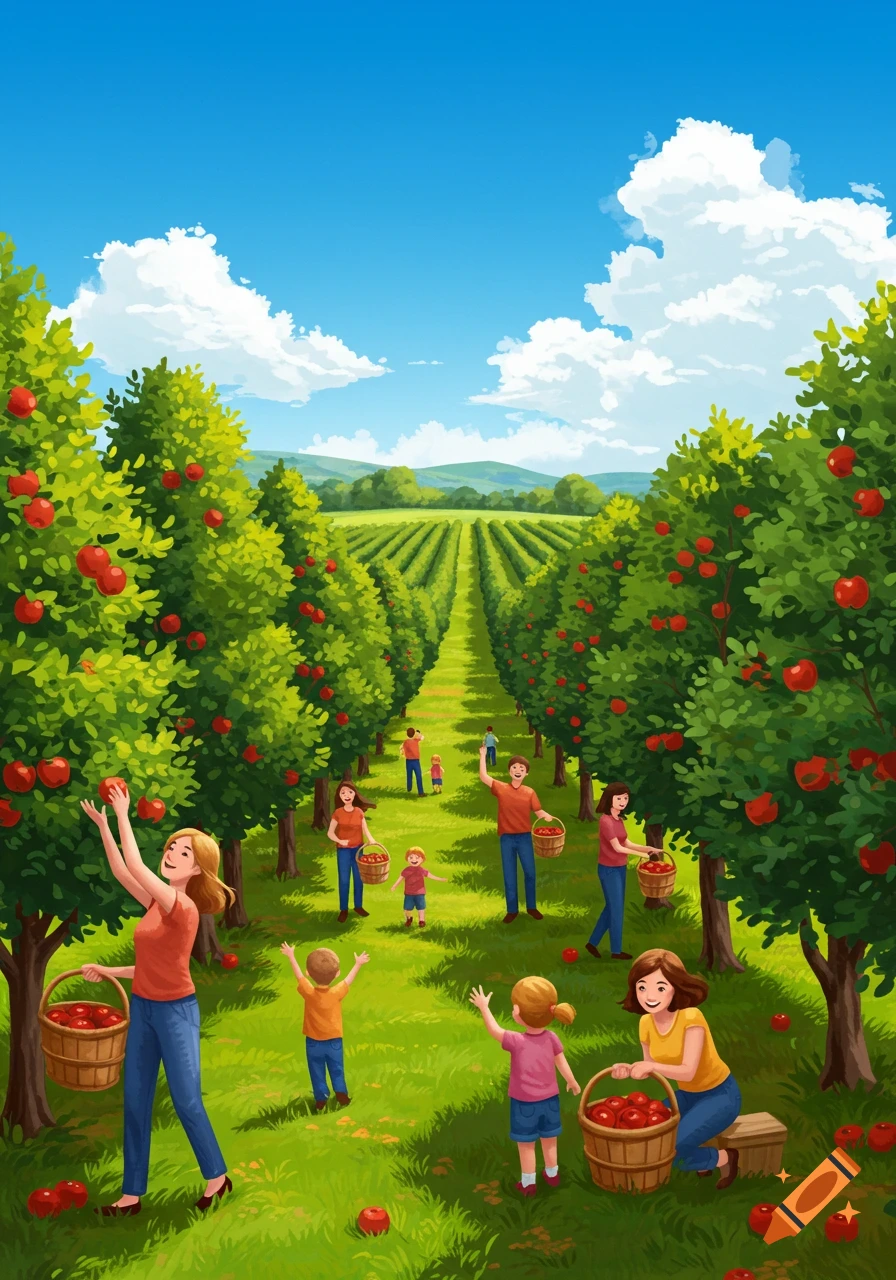 Illustration of families picking red apples in a vibrant green apple orchard under a bright blue sky.