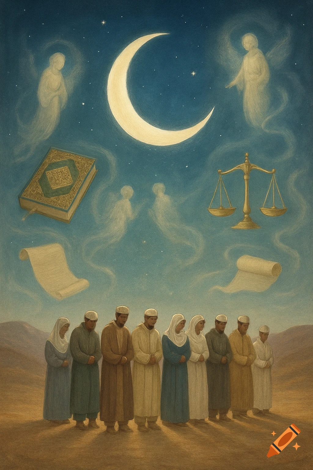 Illustrative depiction of people praying in a desert under a crescent moon, with floating religious symbols and ethereal figures.