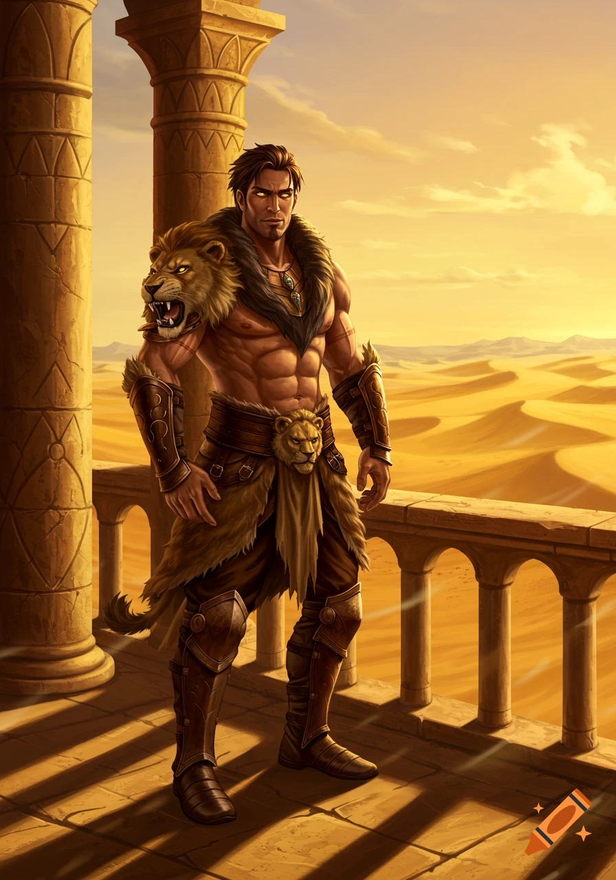 A muscular man in lion-hide armor stands on a stone balcony overlooking a desert at sunset.
