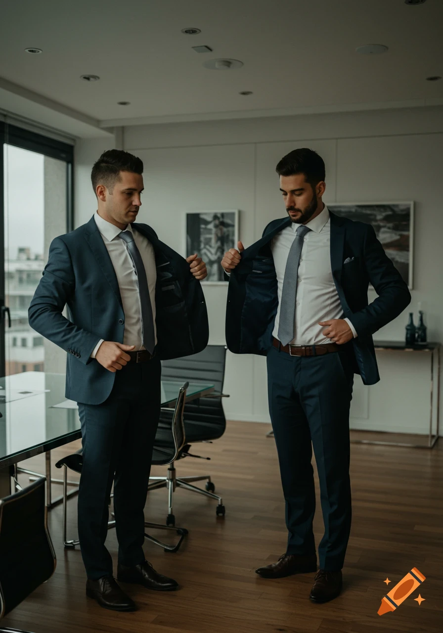 Two men in dark suits and ties take off their jackets in a modern office.