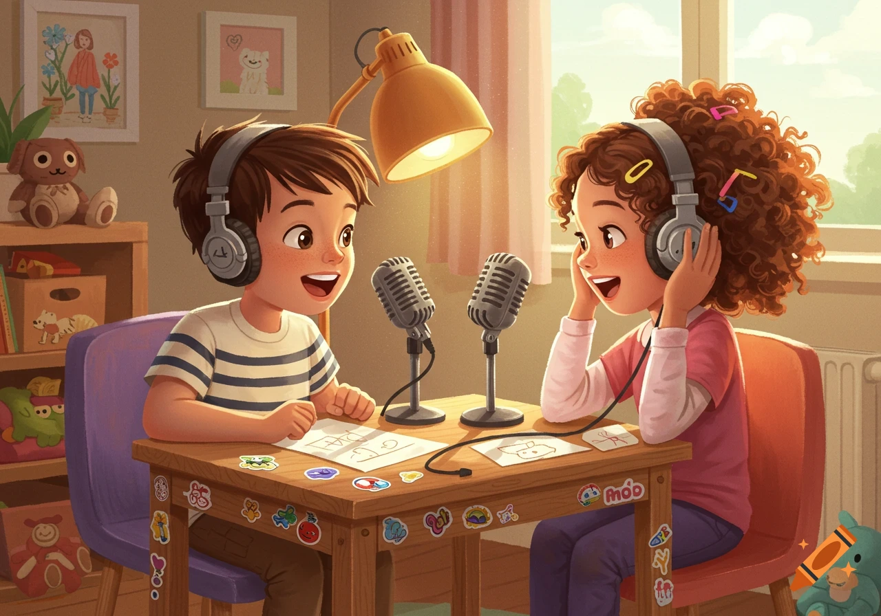 Two smiling children, a boy and a girl, wearing headphones and sitting at a wooden table with two microphones, recording a podcast in a brightly lit room.