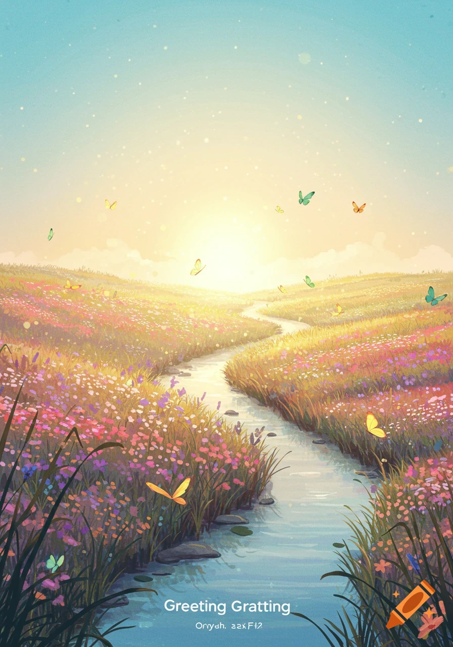 Illustrative landscape of a river winding through vibrant flower fields, under a glowing sky with butterflies.