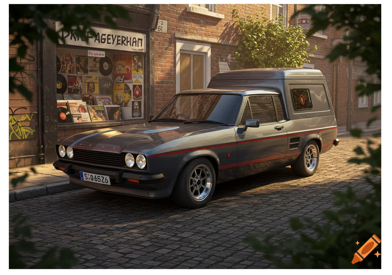 A photorealistic gray Ford Capri van with red stripes parked on a cobblestone street in front of a brick building with a record store.
