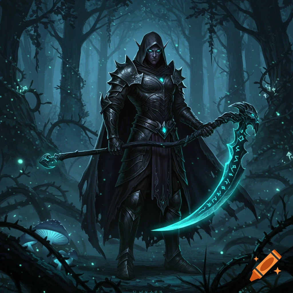 A dark elf in black armor with glowing eyes holds a large, glowing blue scythe in a dark, mystical forest with glowing mushrooms.
