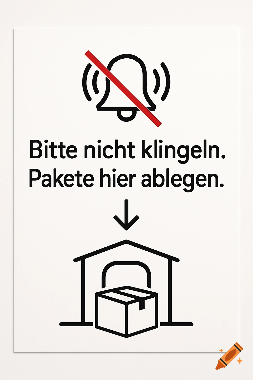 A white sign with a crossed-out bell icon, German text, a down arrow, and a package in a house icon.