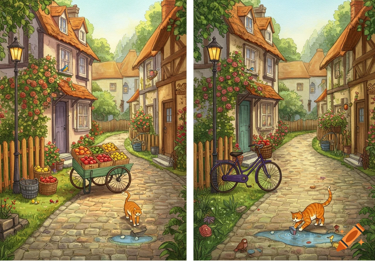 Watercolor illustrations of a charming village street for a spot the difference game, featuring houses, fruit, cats, and a bicycle.