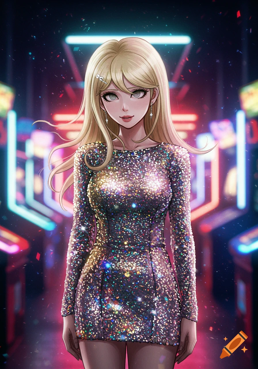 Anime illustration of a blonde woman in a sparkling sequin dress, standing in a neon-lit club-like setting.