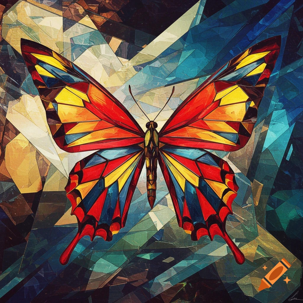 A vibrant cubist butterfly with red, yellow, and blue geometric wings against a fragmented abstract background.
