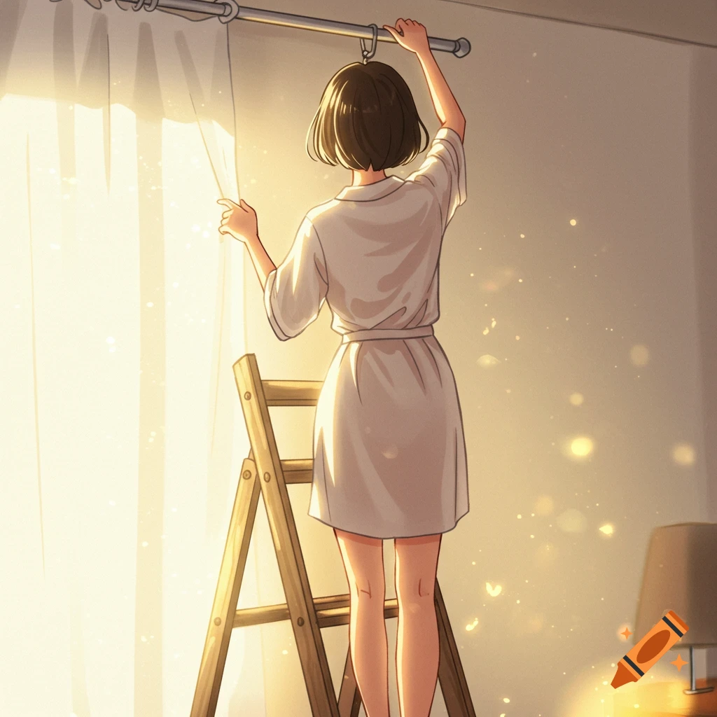 Anime illustration of a woman in a dressing gown standing on a ladder, hanging curtains, bathed in golden light.