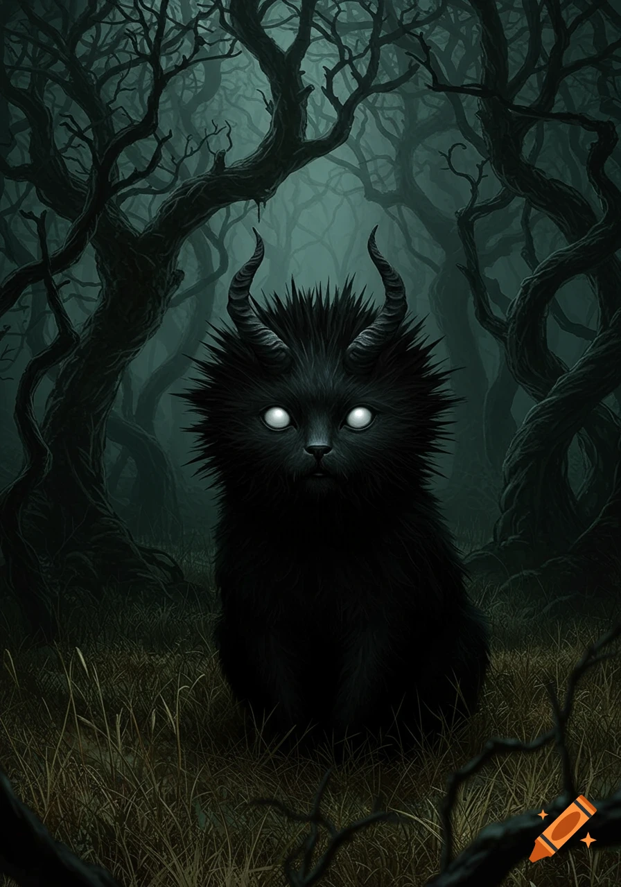 A dark fantasy art piece of a black, spiky, horned cat-like creature with glowing white eyes, sitting in dead grass within a shadowy forest.