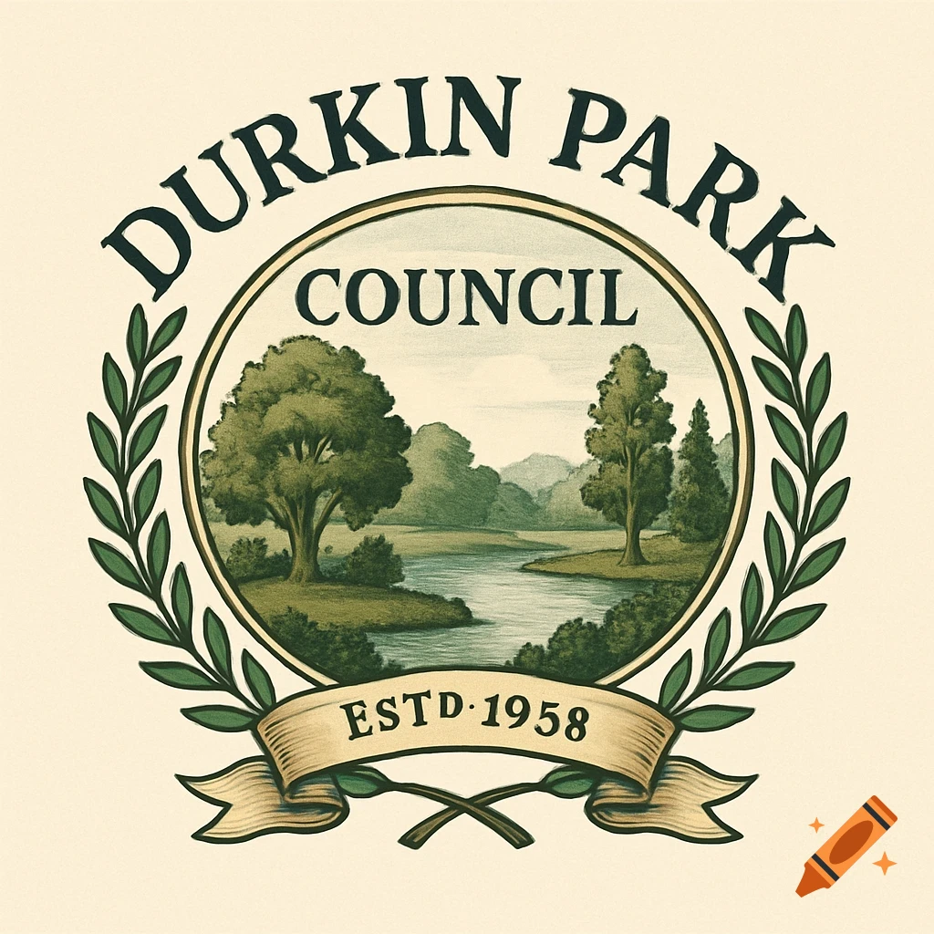 Vintage circular emblem for Durkin Park Council. It shows a river flowing through a forested landscape, framed by a laurel wreath and 'ESTD1958' banner.