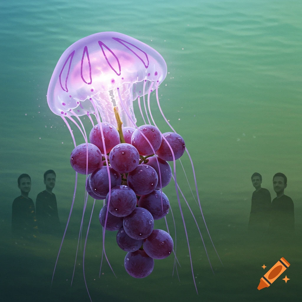 A glowing purple jellyfish with a cluster of grapes for its body swims in green water, with faint, blurry human figures in the background.