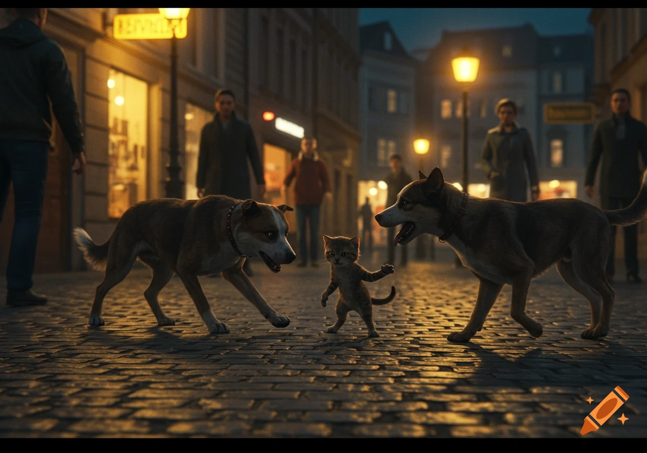 A small kitten aggressively confronts two larger dogs on a cobblestone city street at night, illuminated by streetlights and shop windows.