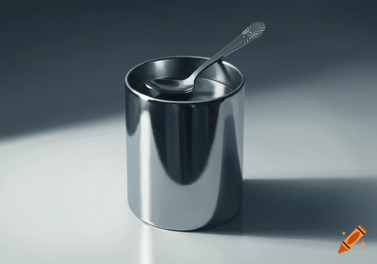 A shiny silver cylinder with a small decorative spoon resting on its top edge, in a minimalist still life.
