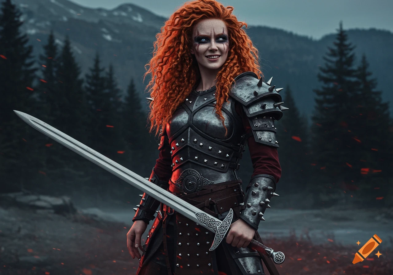 A fierce female warrior with fiery red curly hair and blue eyes, wearing studded armor, holds a long sword in a dark forest.