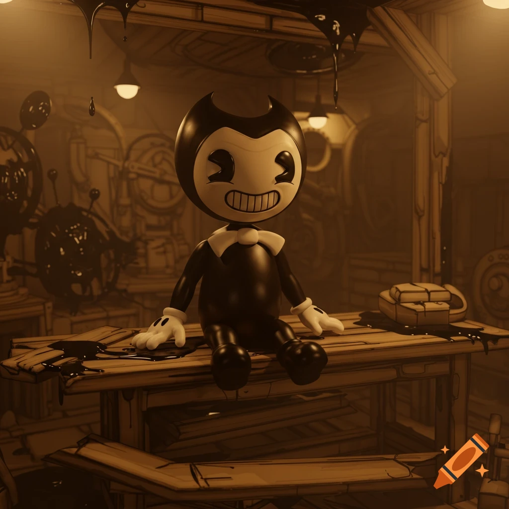 3D render of a cartoon character, Baby Bendy, sitting on a wooden table in a sepia-toned workshop with dripping ink.