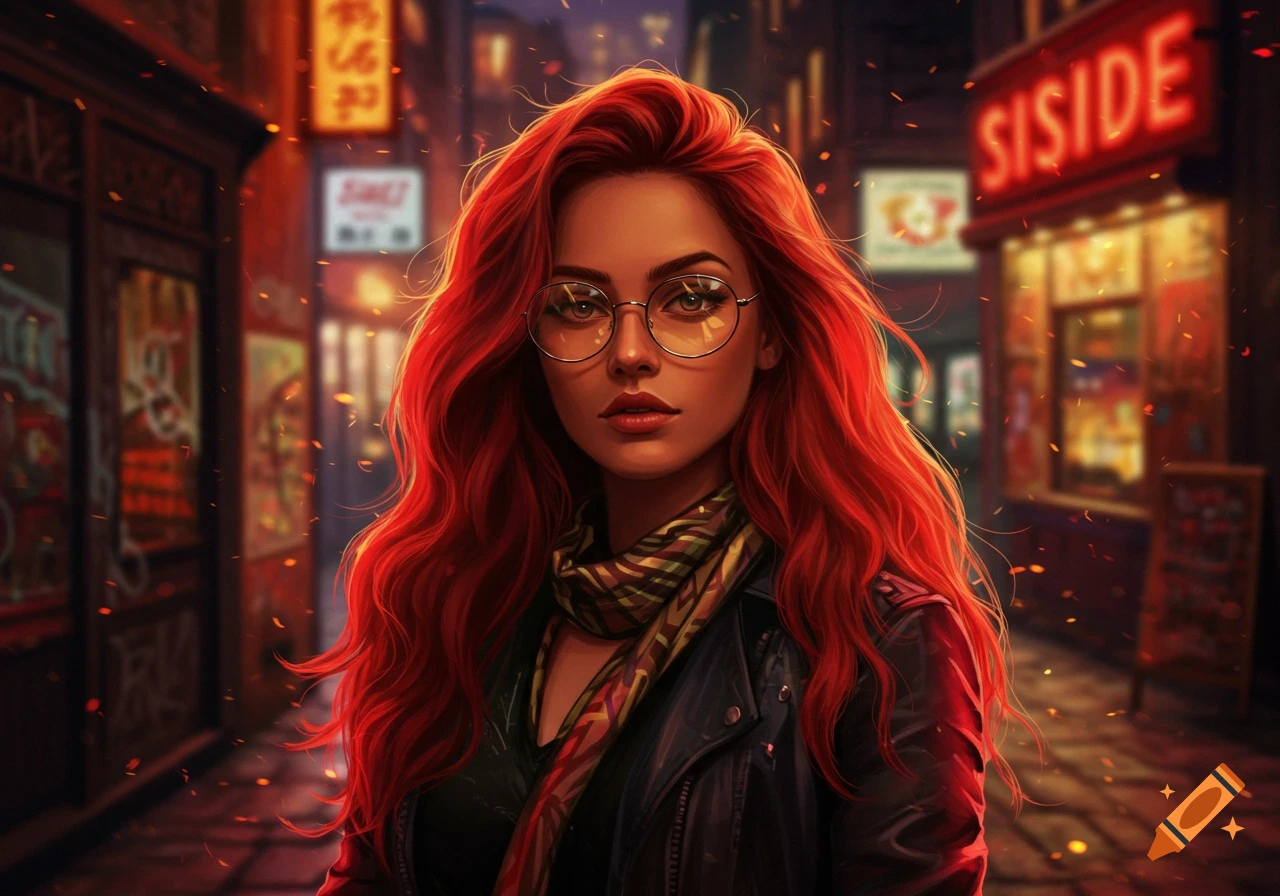 A vibrant digital art portrait of a red-haired woman with round glasses in a blurry, glowing urban street at night.