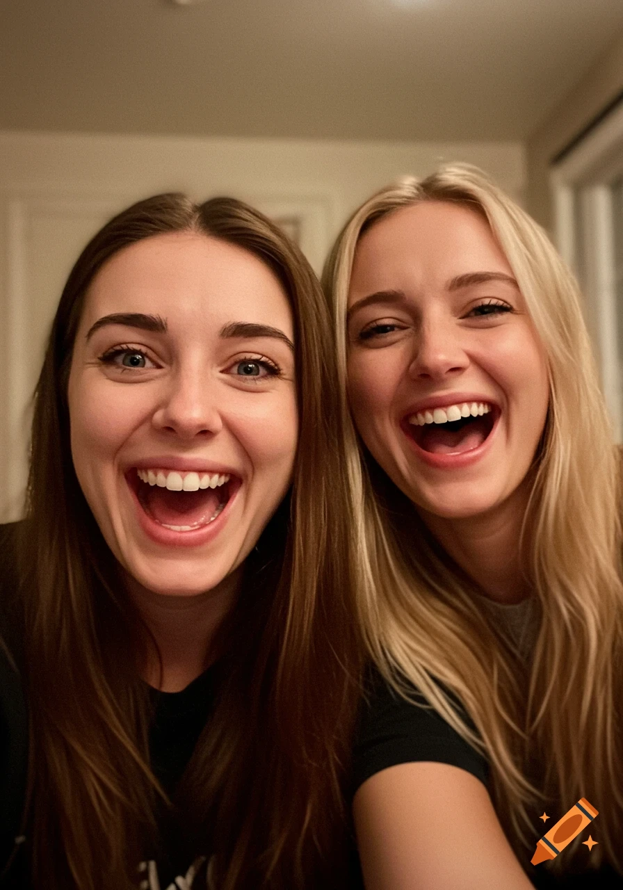 Two young women, one with brown hair and one with blonde, laugh with their mouths wide open in a close-up selfie.