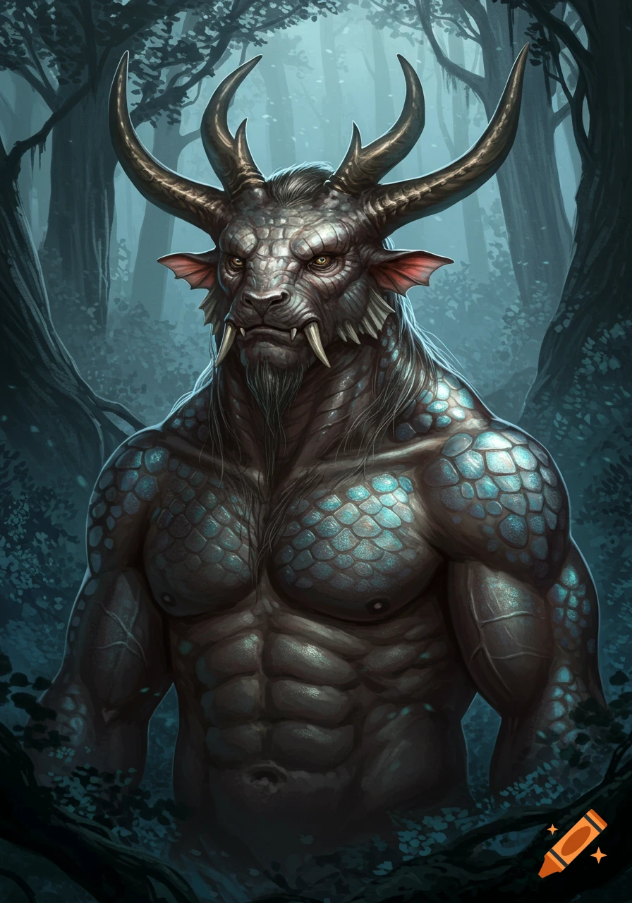 A powerful, muscular, horned beast with reptilian scales and tusks stands in a dark, misty fantasy forest. It has glowing eyes.