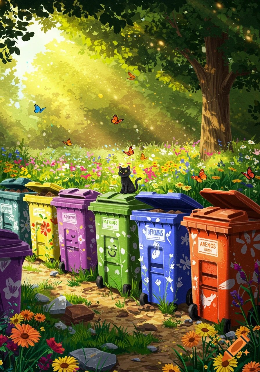 A black cat sits on a green recycling bin in a sunny, colorful forest clearing with butterflies, flowers, and a row of bins.