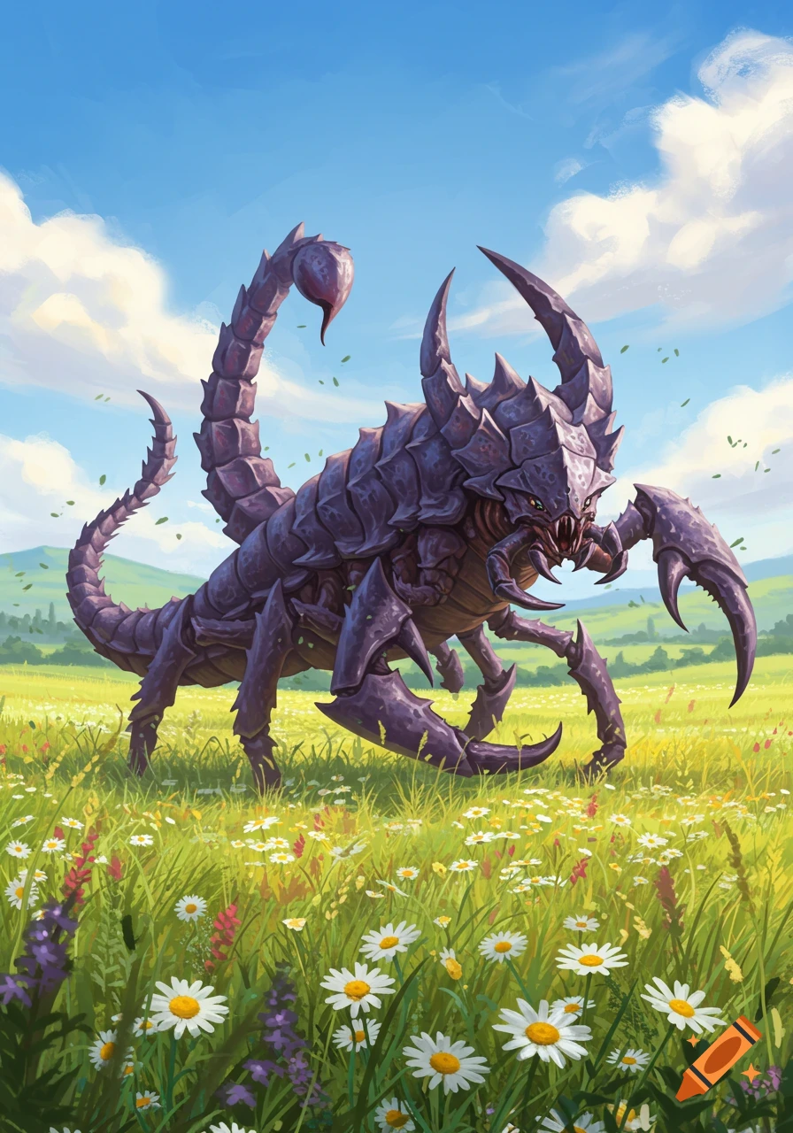 A large, spiky purple Drapion, a scorpion-like Pokemon, strides through a sunny field of green grass and white daisies.