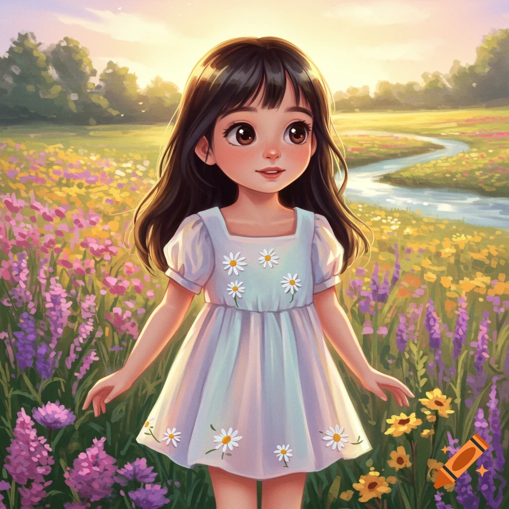 A cute cartoon girl with dark hair and big eyes stands in a vibrant flower meadow with a river and trees, sunset.
