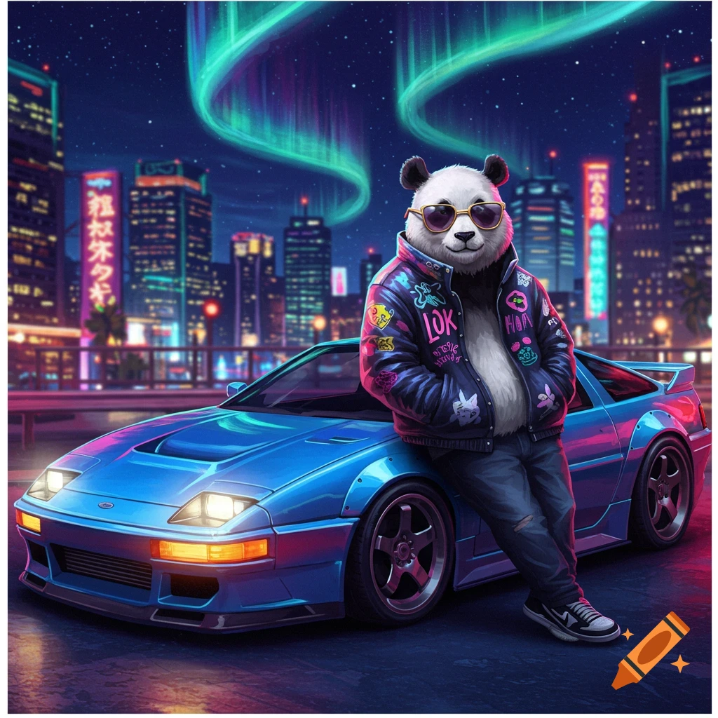 A cool panda wearing sunglasses and a neon-sticker-covered jacket leans on a blue sports car in a vibrant cyberpunk city under an aurora borealis sky.