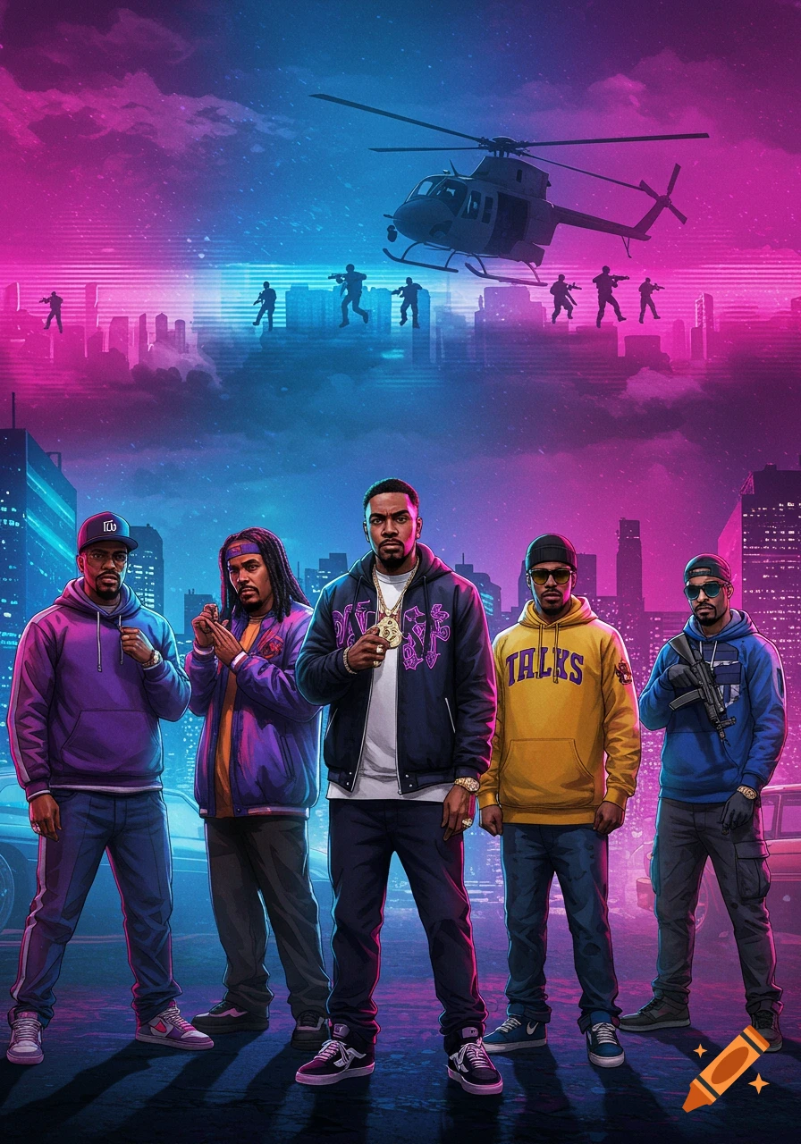 Five men in street clothes stand in an urban setting with a vibrant pink and blue sky, a helicopter, and armed figures in the background. One man holds a submachine gun.