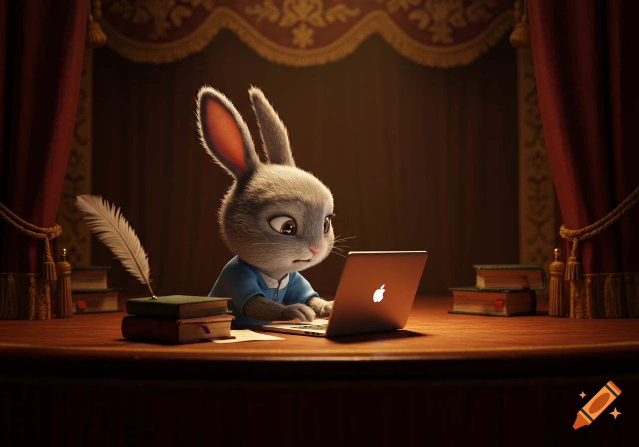 A cute animated bunny, resembling Judy Hopps, looks stressed while using a laptop on a stage, with a quill and books nearby.