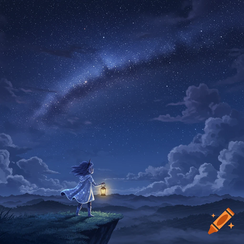 A small hooded figure holding a lantern stands on a cliff, looking at a magnificent starry night sky over misty mountains.