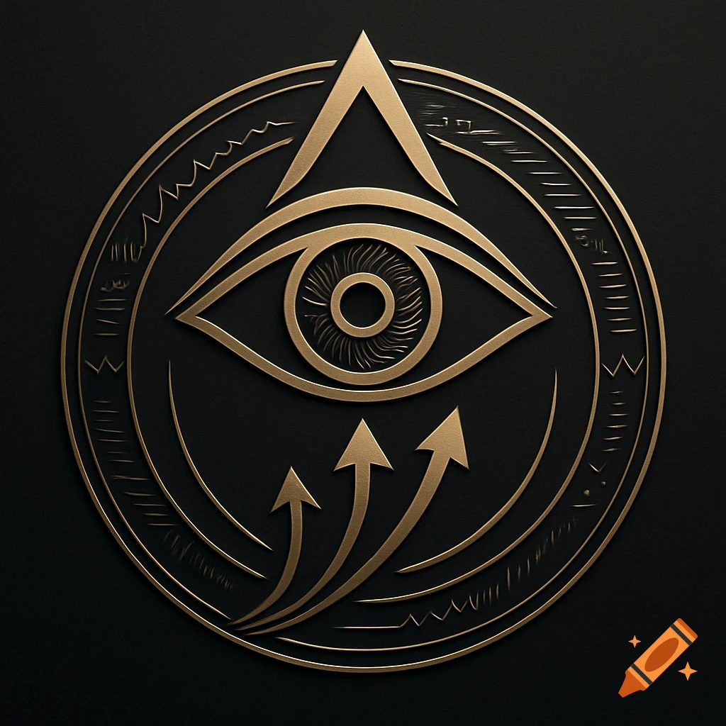 A golden symbolic emblem with an eye, upward-pointing triangle, and three rising arrows inside a circular frame on a black background.