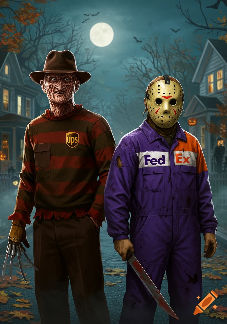 Freddy Krueger as a UPS driver and Jason Voorhees as a FedEx driver standing on a Halloween street at night with a full moon and bats.