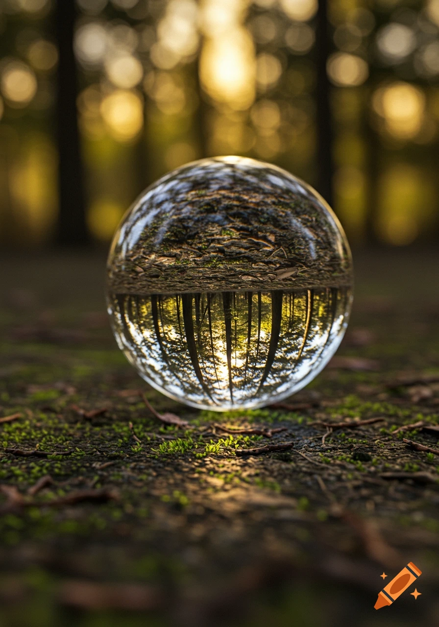 A glass sphere on mossy ground in a forest, reflecting the upside-down trees and golden sunlight at sunset. Photorealistic.