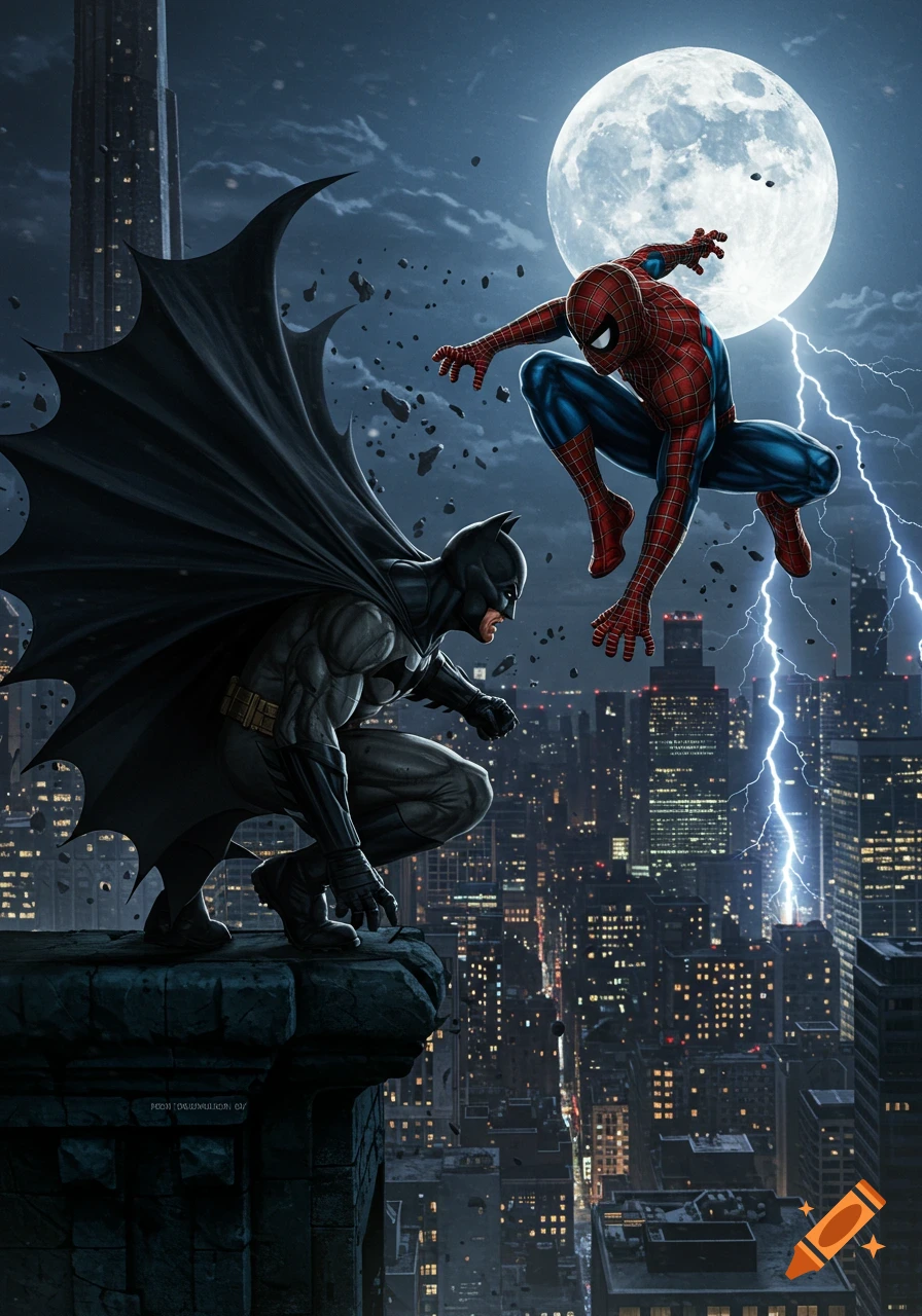 Batman crouches on a building ledge facing Spider-Man who leaps through the stormy, moonlit city sky.