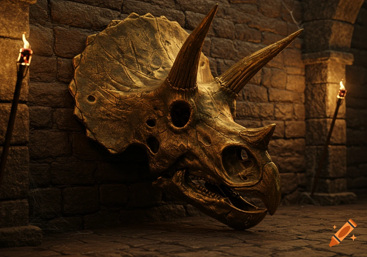 A worn, golden triceratops skull shield is mounted on a dimly lit stone brick wall, flanked by glowing torches.