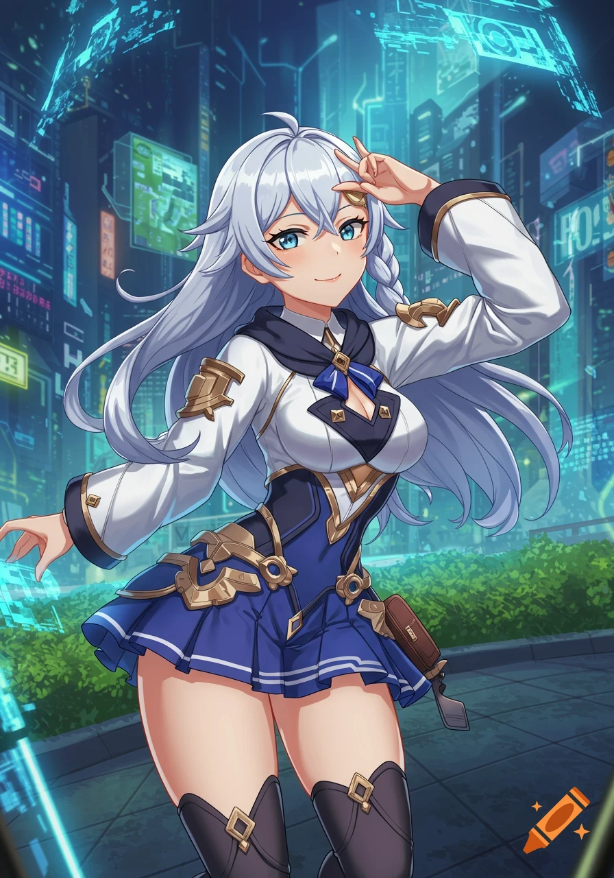 An anime girl with white hair and blue eyes, wearing a white and blue school-like uniform, makes a peace sign in a futuristic city.