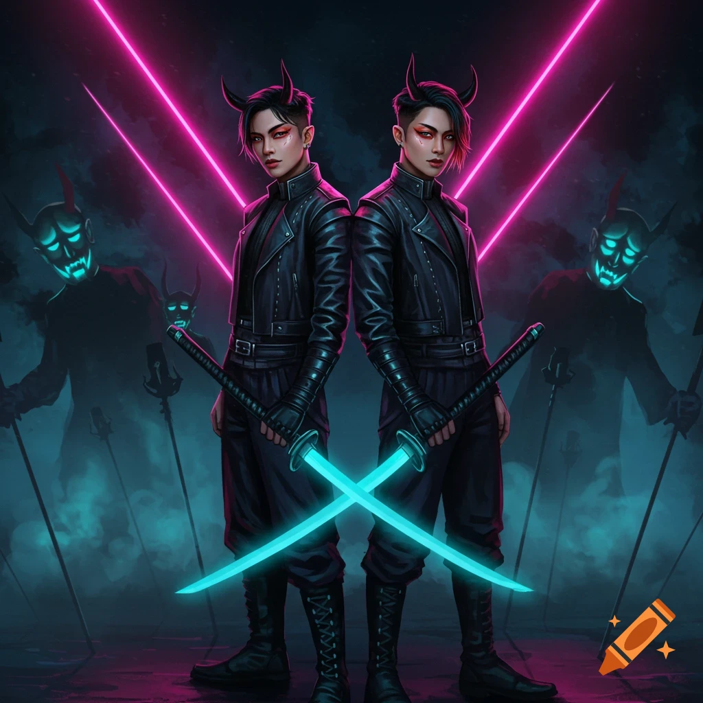 Two demon hunters with horns and glowing swords in a dark, neon-lit cyberpunk fantasy setting with shadowy demons.
