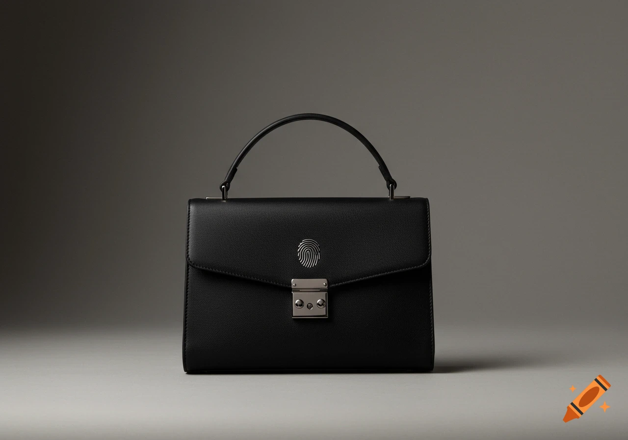 A minimalist black vegan leather handbag with a metallic fingerprint design on the front flap, against a grey background.