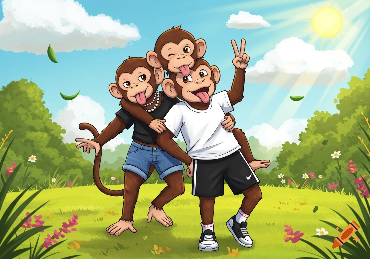 Playful cartoon illustration of three monkeys in human clothes, sticking out tongues in a sunny park.