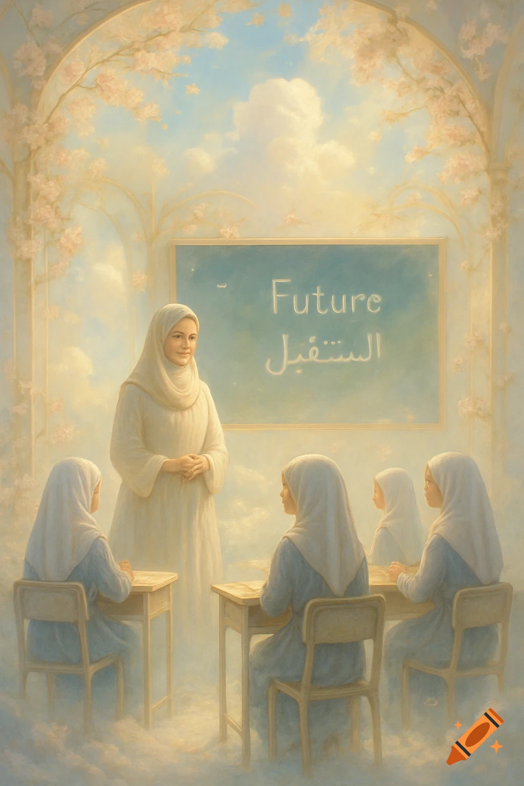 A digital painting of a heavenly classroom with a female teacher and young schoolgirls in hijabs sitting at desks. A blackboard reads "Future" in English and Arabic. The scene is filled with light, clouds, and cherry blossoms.