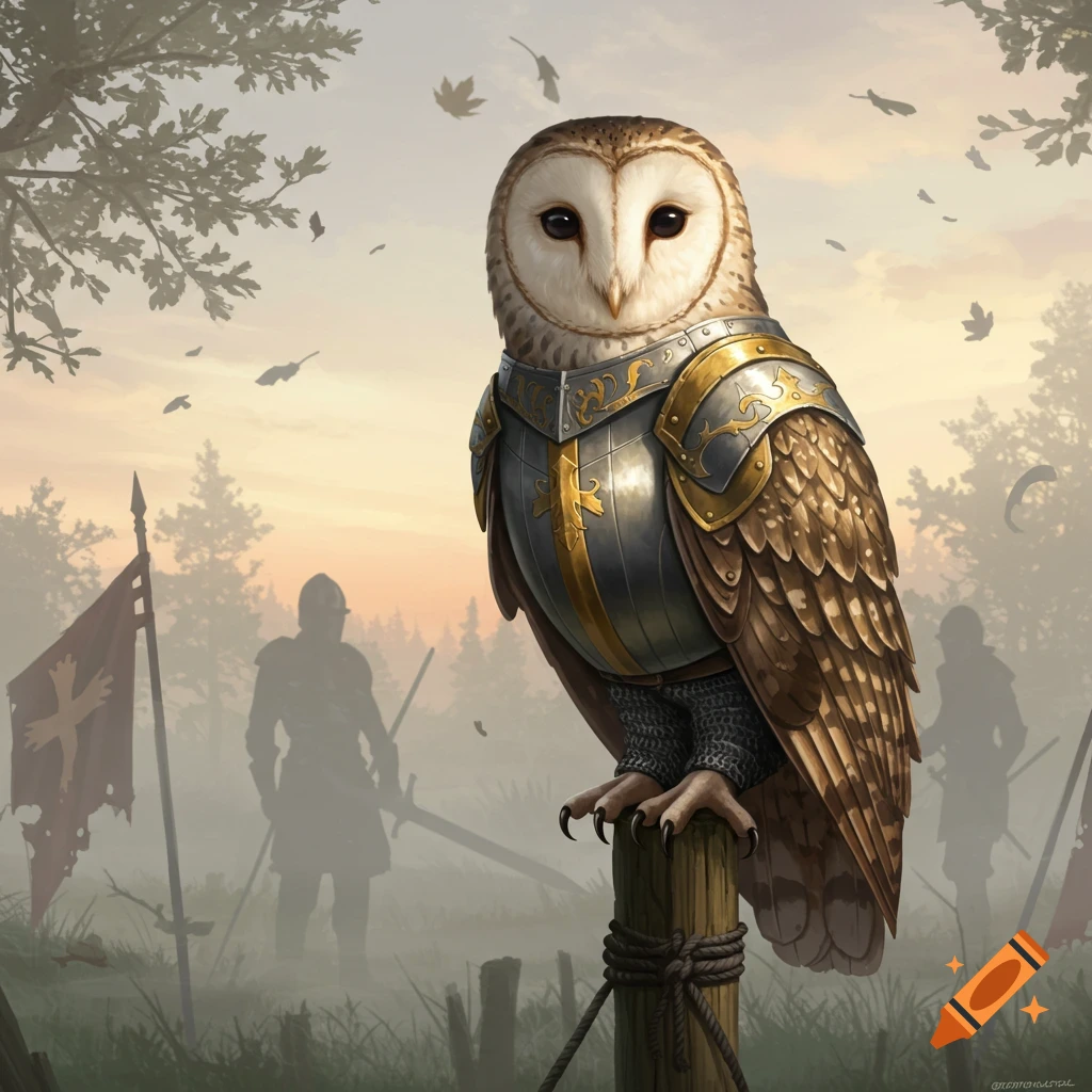 A majestic barn owl in intricate silver and gold knight armor perches on a wooden post, with blurred knights and flags in a misty, forested background.