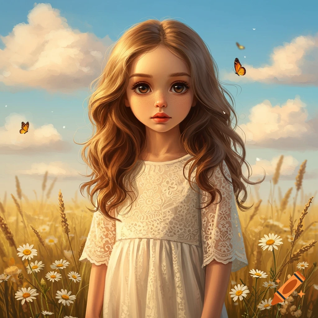 Stylized illustration of a girl with long brown hair in a white lace dress, standing in a sunny daisy field with butterflies.