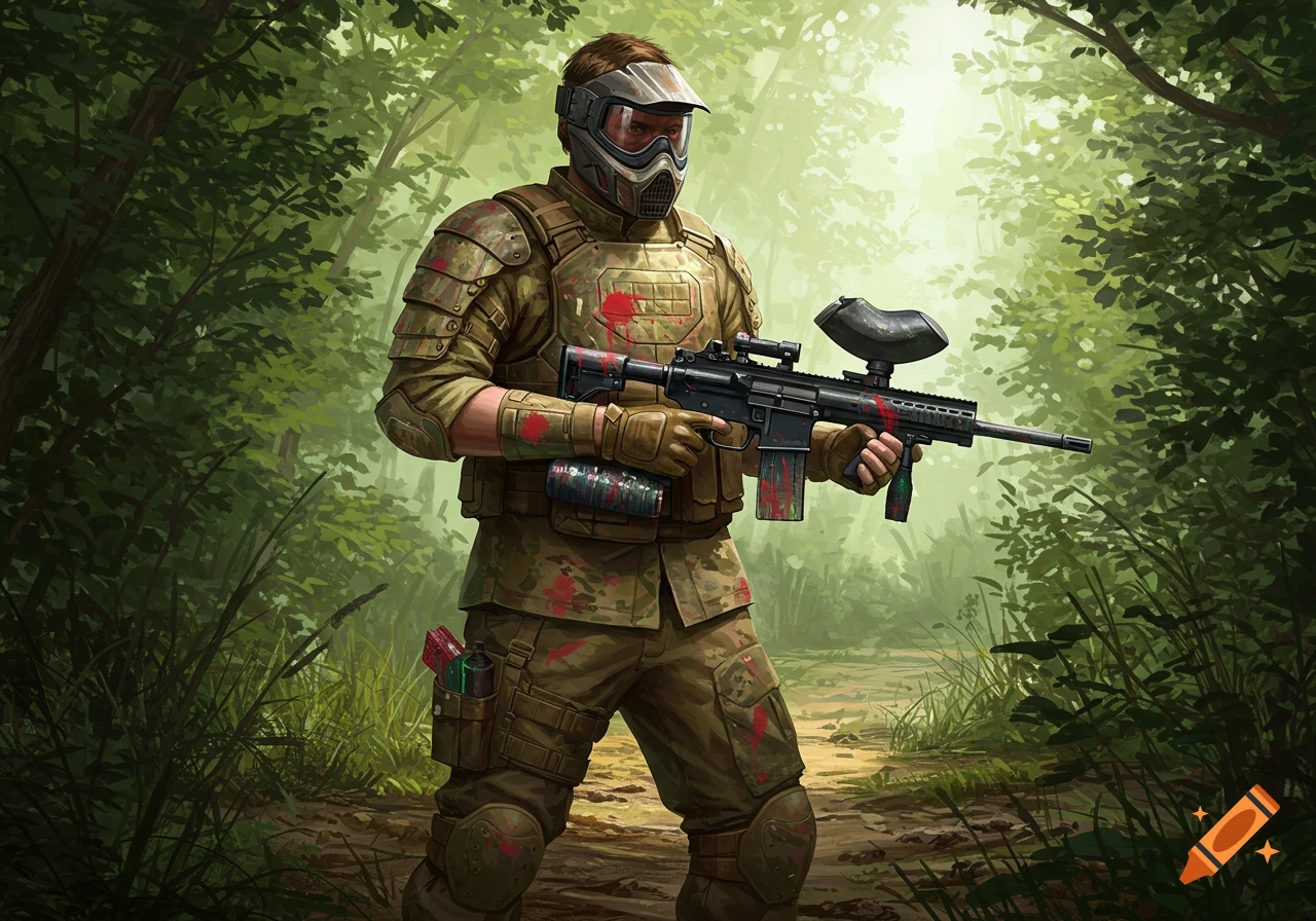 Digital illustration of a man in camouflage paintball gear, splattered with red paint, holding a paintball rifle in a forest.