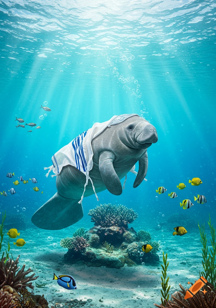 A manatee wearing a tallit and kippah underwater, surrounded by colorful fish and coral, with sunlight streaming from above.