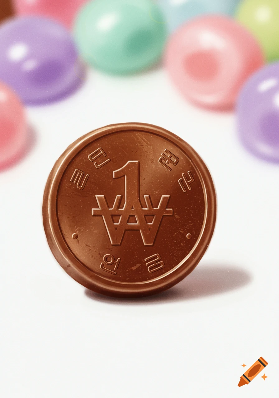 A close-up photo of a chocolate coin with '1' and Korean text on a white surface, with blurry colorful candies in the background.