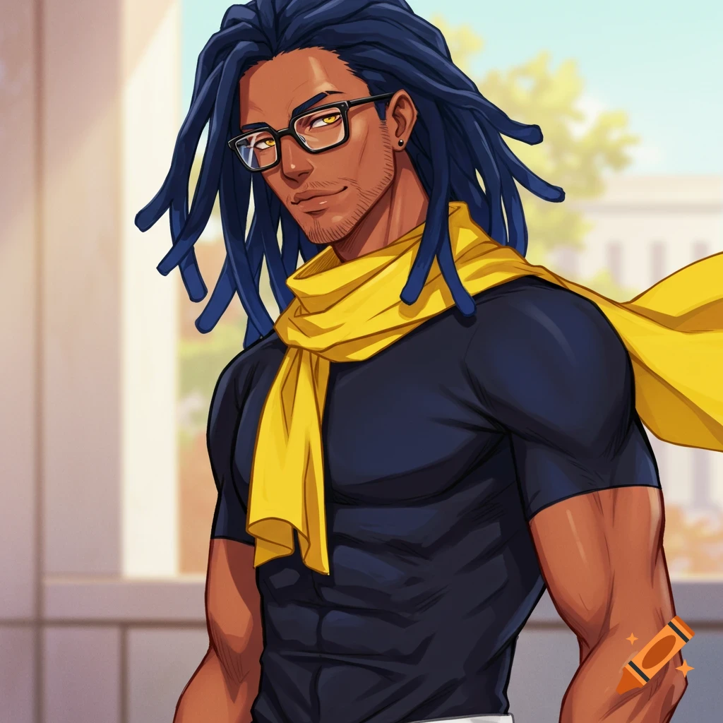 An anime man with brown skin, dark blue dreadlocks, glasses, and a yellow scarf over a black shirt.