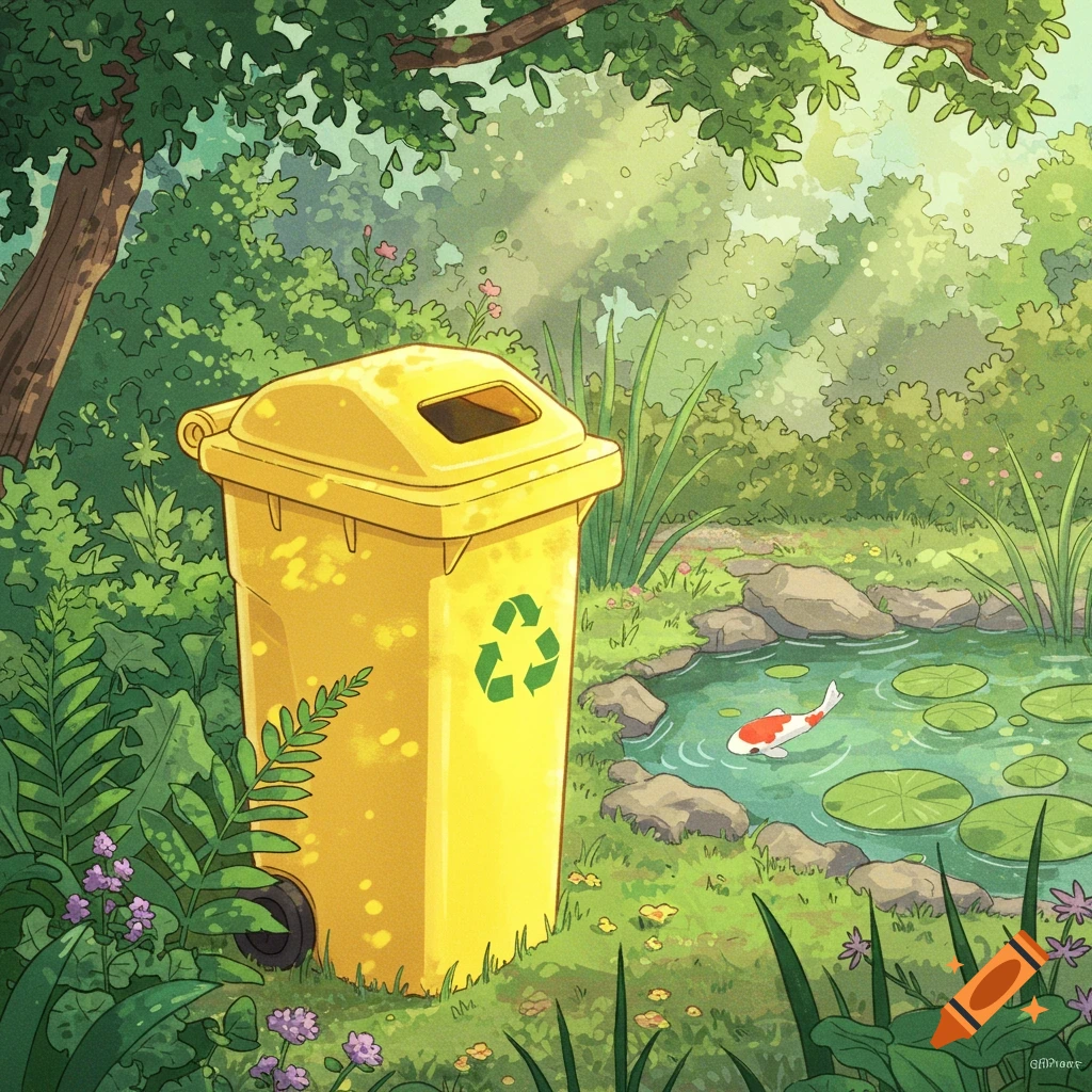 A bright yellow recycling bin stands by a pond with a koi fish, surrounded by lush green foliage and flowers, in a Miyazaki-style illustration.