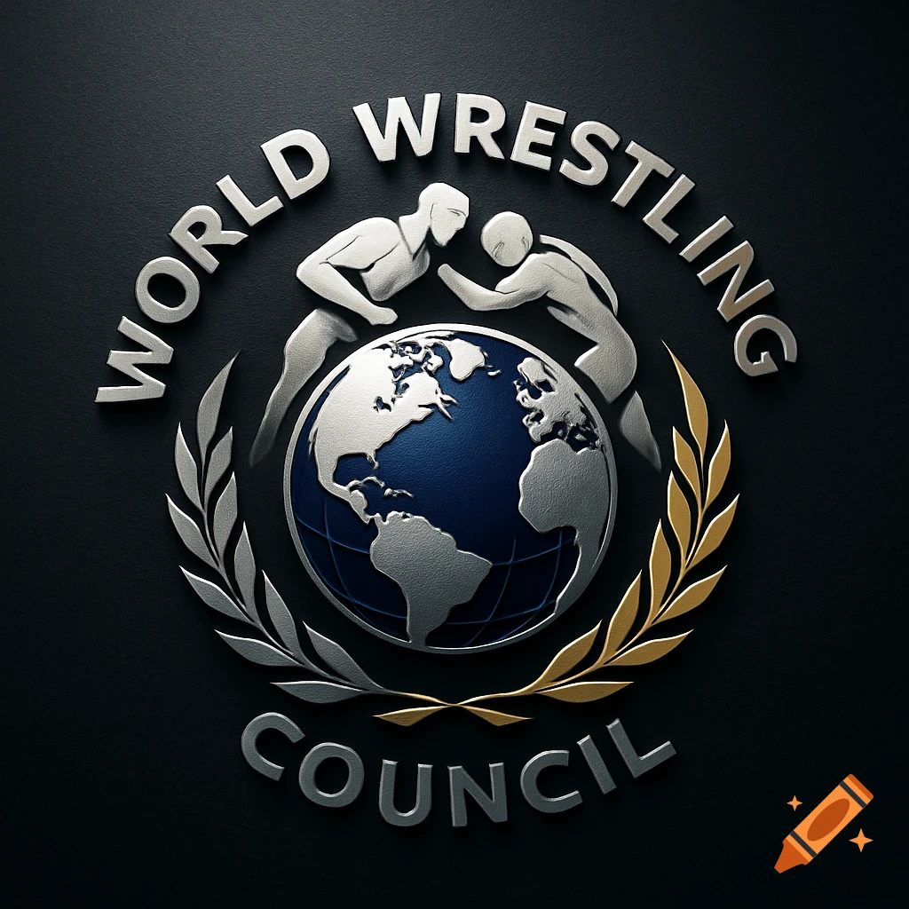 A metallic 3D logo for the World Wrestling Council with two wrestlers, a globe, and laurel wreaths on a dark background.